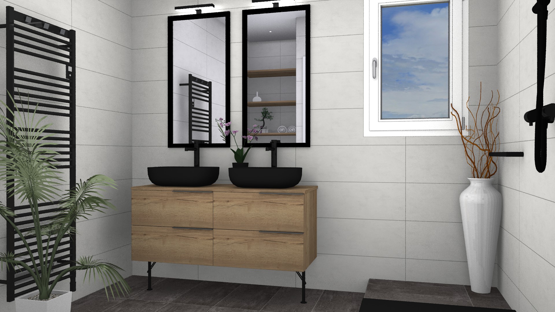 Renovation salle de bain douche loft industriel noir bois vasque 3D par bainiste S2ED Poitiers 86
